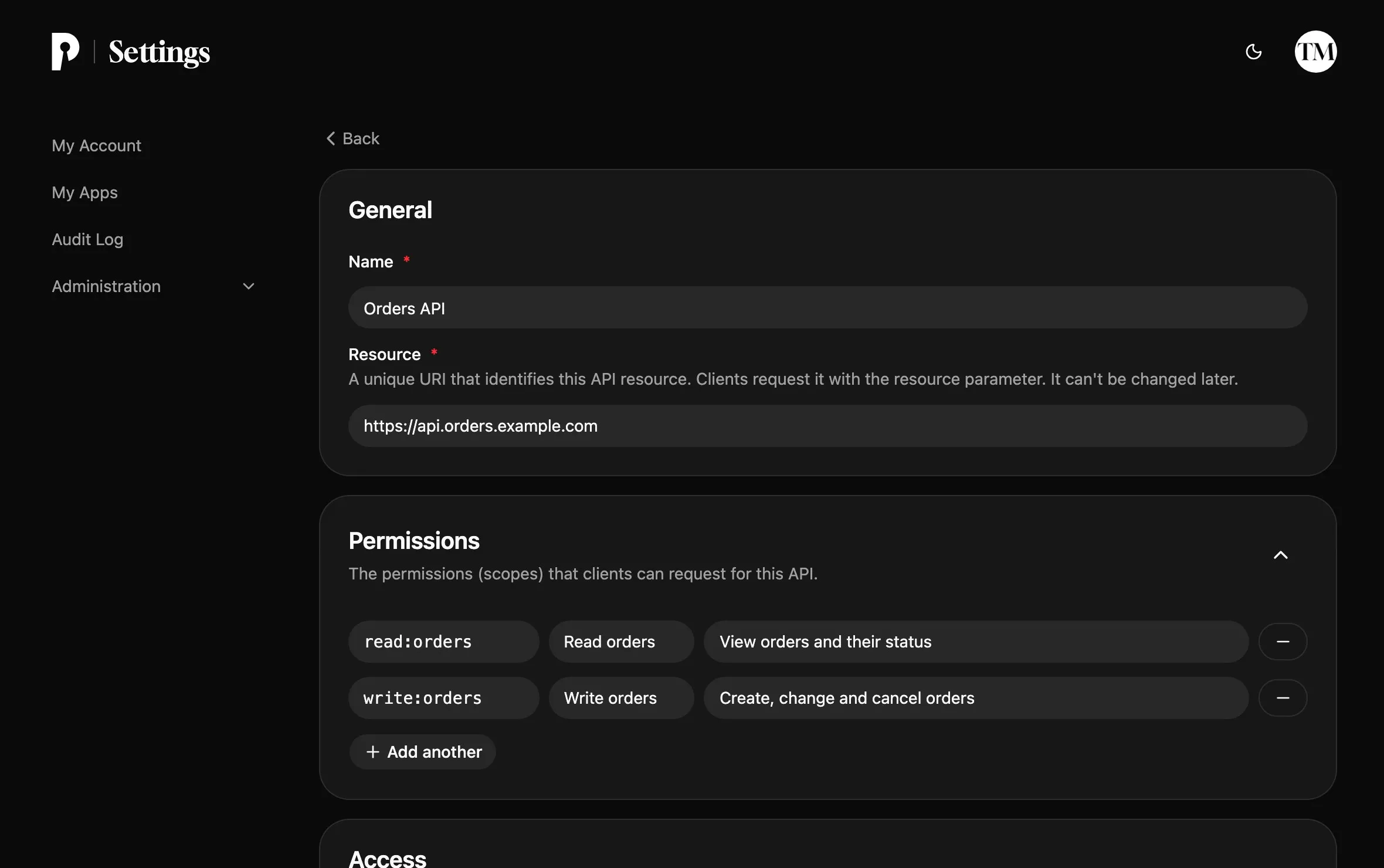 The Orders API with the resource https://api.orders.example.com and the permissions read:orders and write:orders