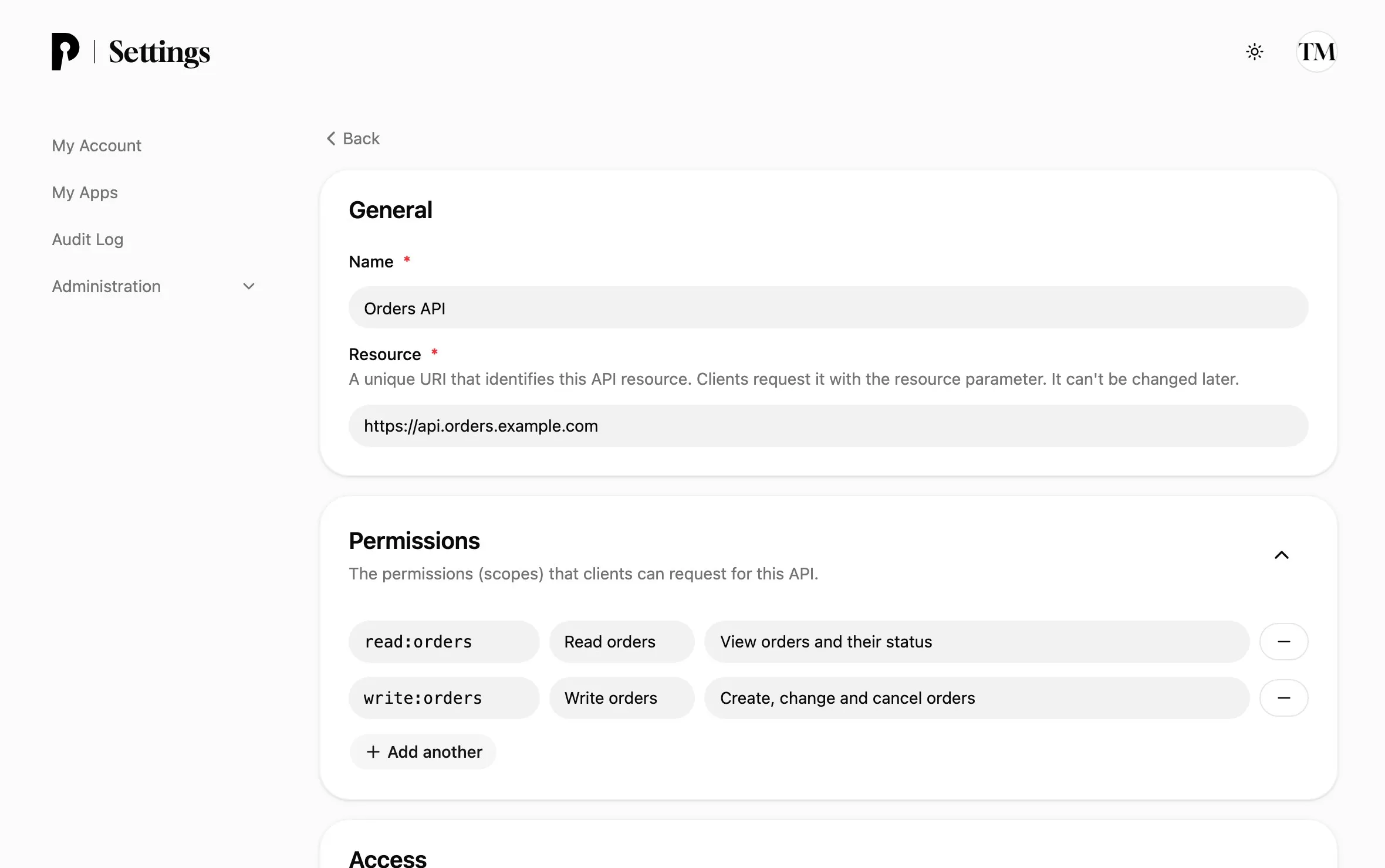 The Orders API with the resource https://api.orders.example.com and the permissions read:orders and write:orders
