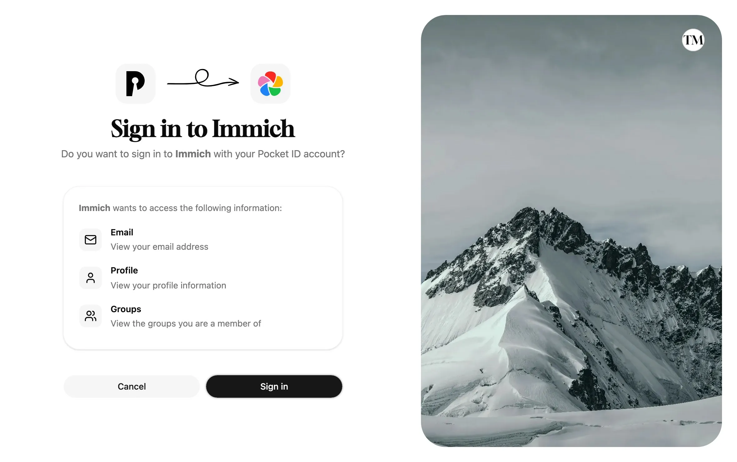 The Sign in to Immich page listing the email, profile and groups that Immich wants to access