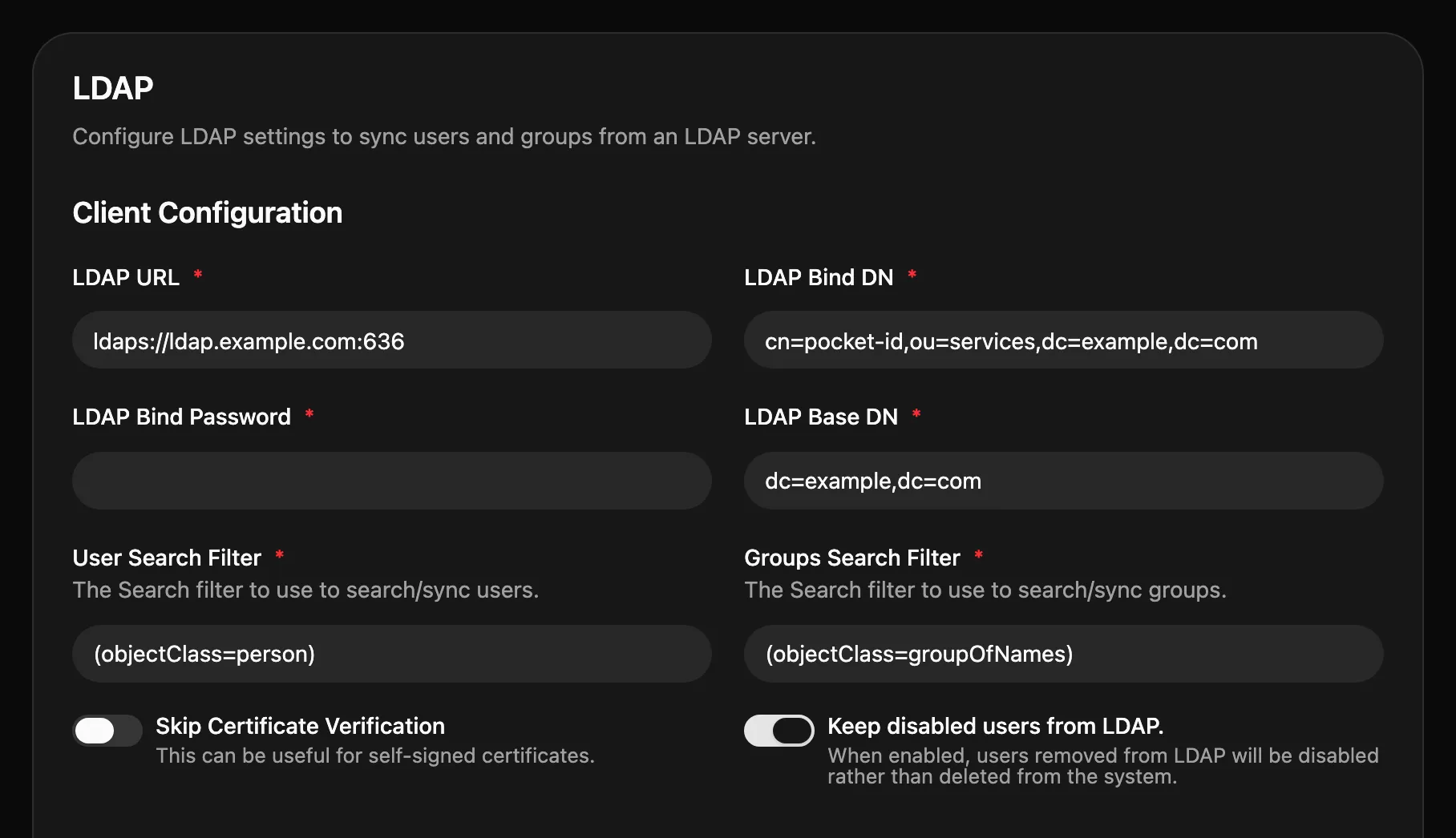 The LDAP settings with the LDAP URL, bind DN, bind password, base DN and search filters
