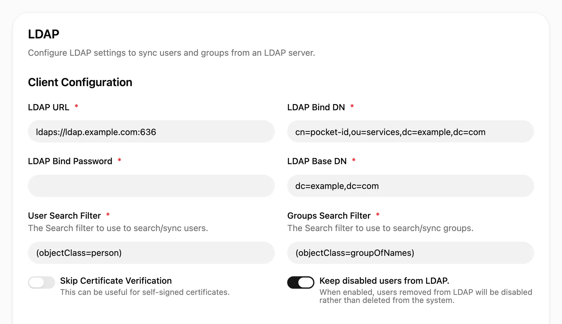 The LDAP settings with the LDAP URL, bind DN, bind password, base DN and search filters