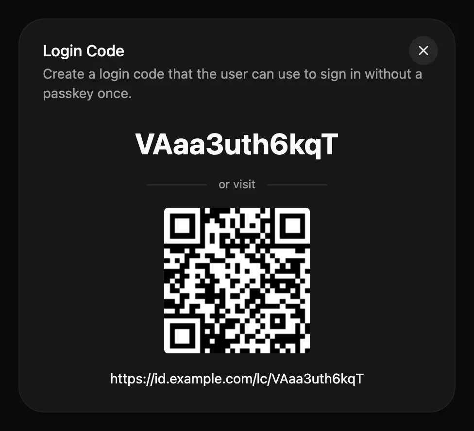 The Login Code dialog with a code, a QR code and the sign-in link