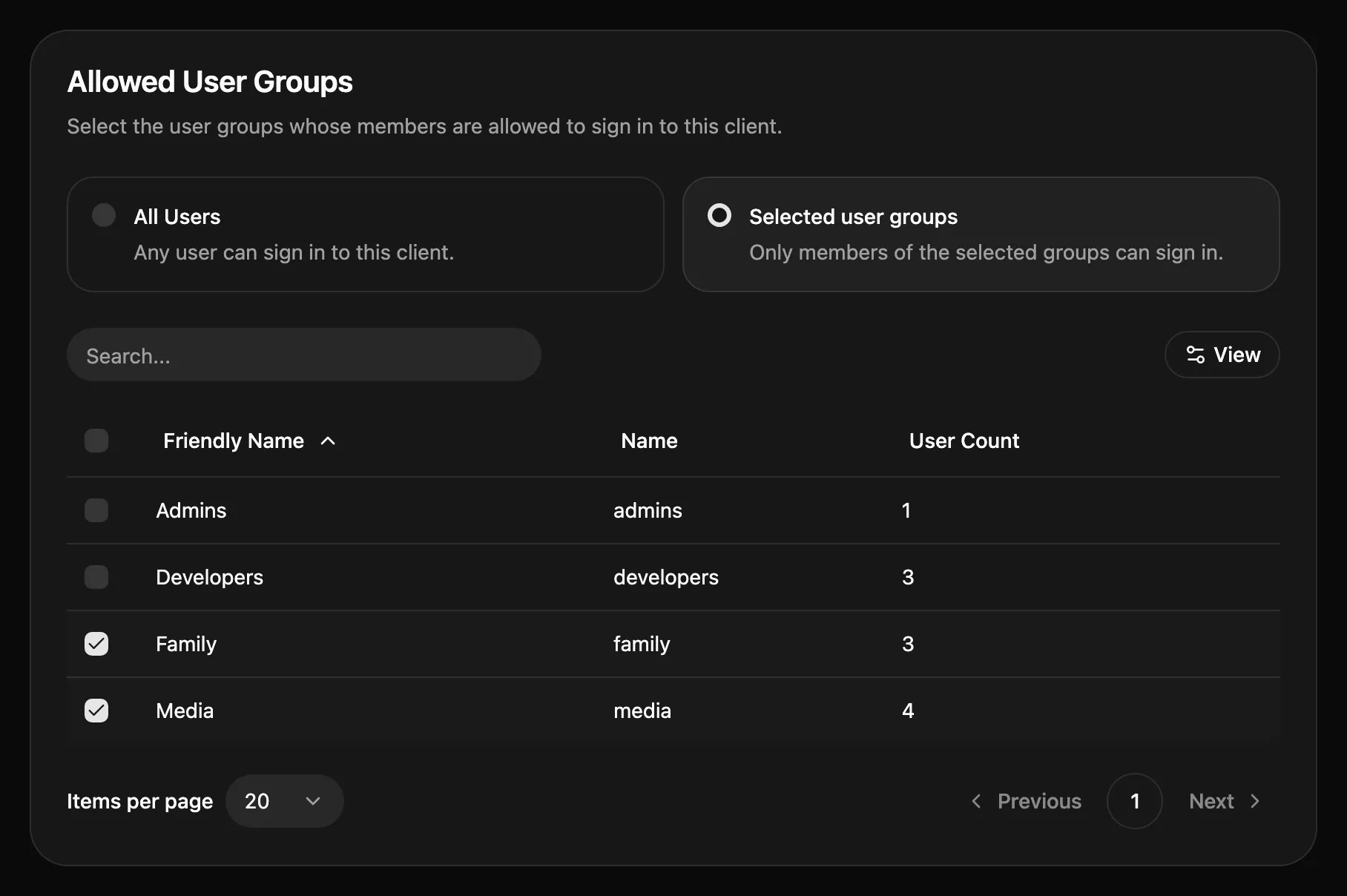 The Allowed User Groups card with Selected user groups chosen and the groups Family and Media ticked