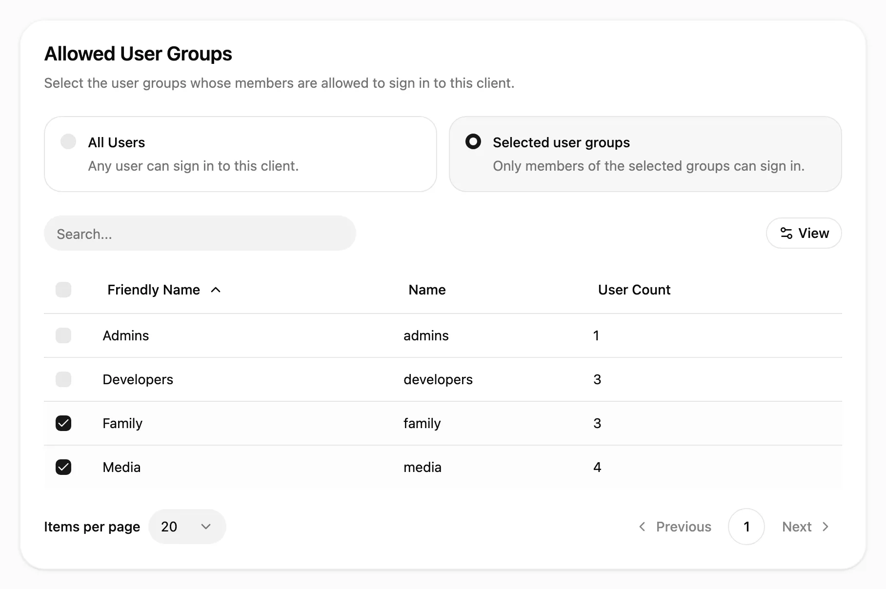The Allowed User Groups card with Selected user groups chosen and the groups Family and Media ticked