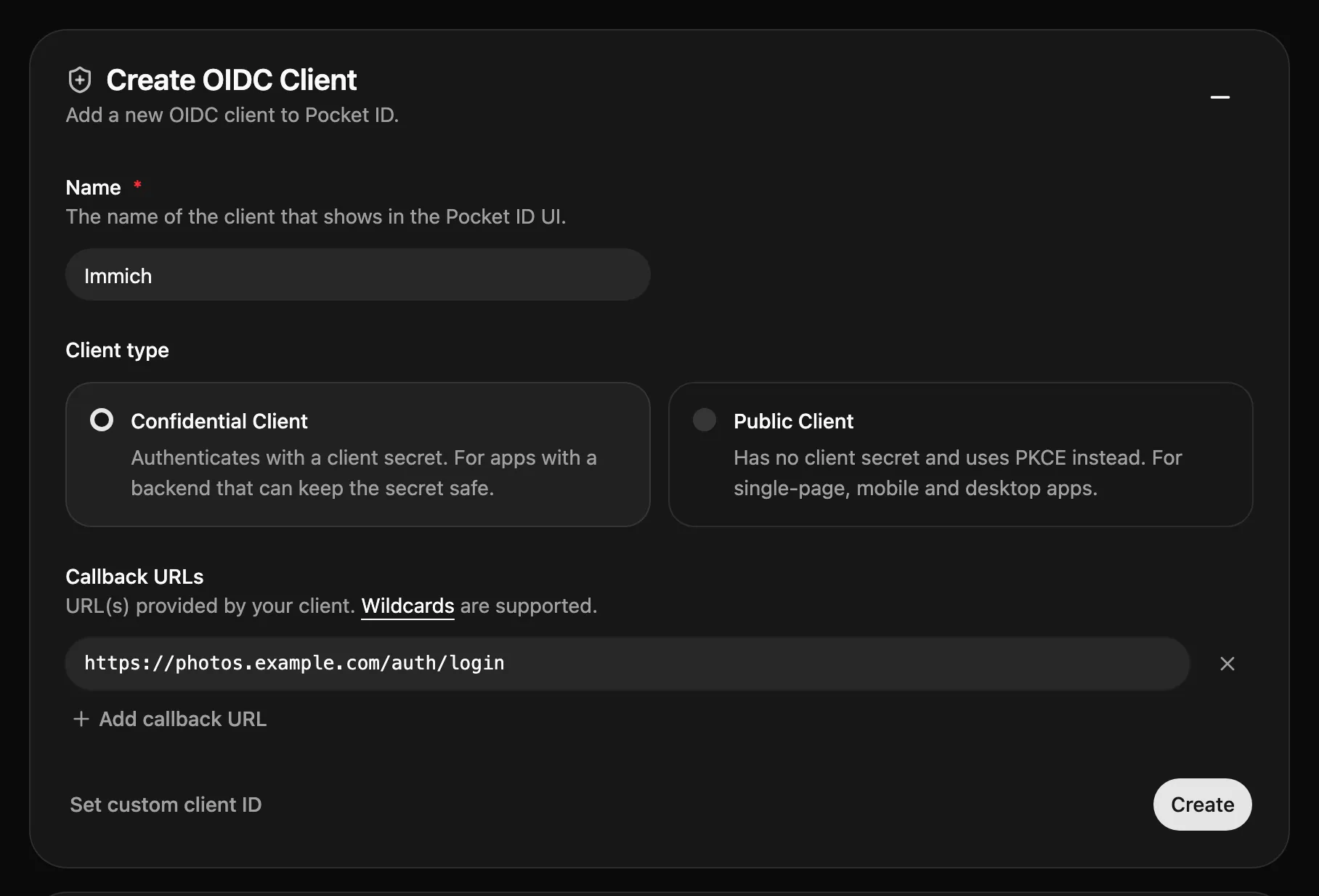 The Create OIDC Client form with the name Immich, the confidential client type and one callback URL