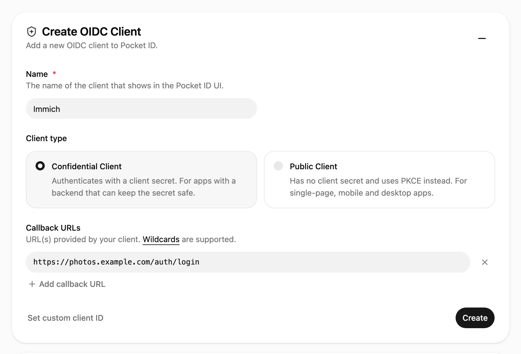 The Create OIDC Client form with the name Immich, the confidential client type and one callback URL