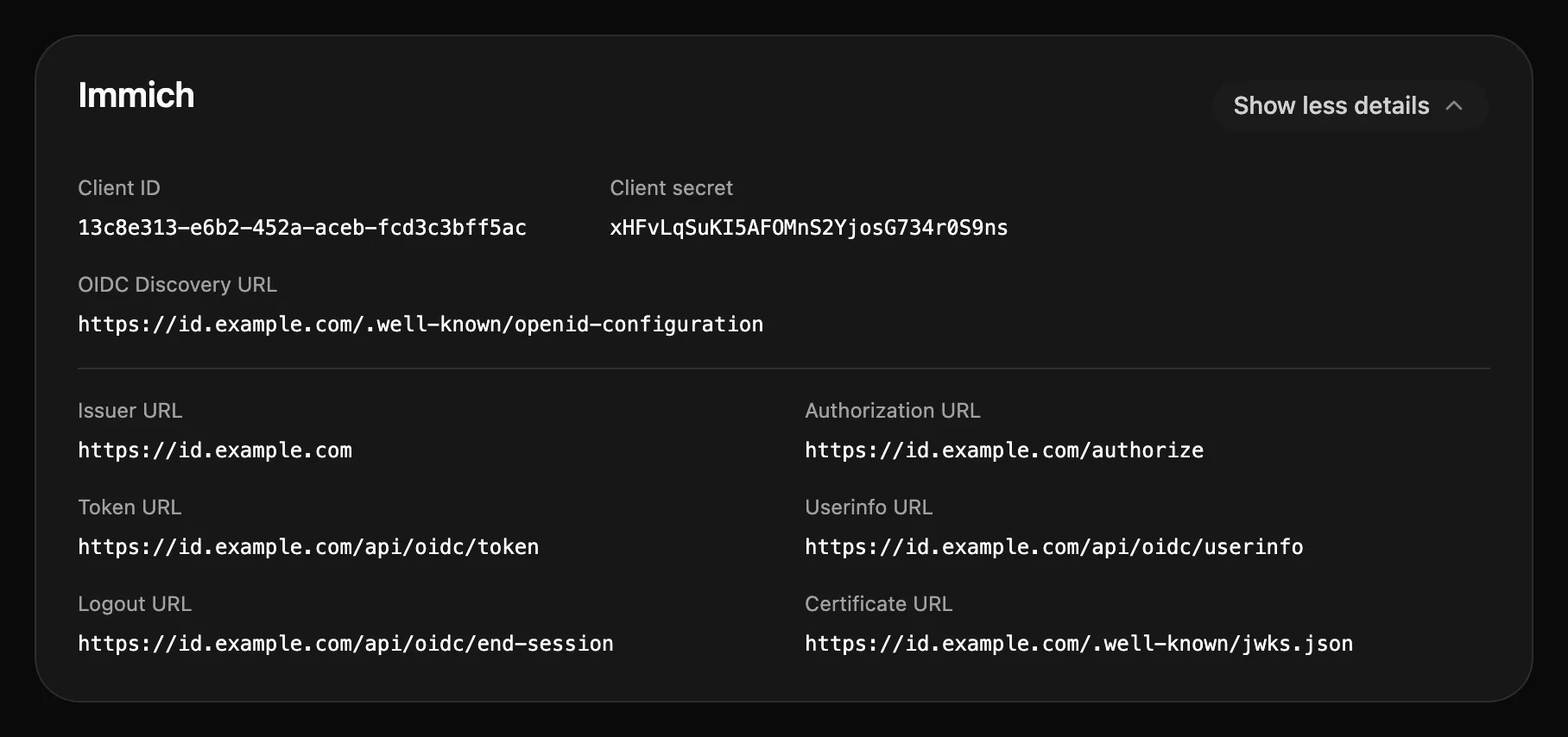 The connection details of the Immich client: client ID, client secret, OIDC discovery URL and the individual endpoint URLs