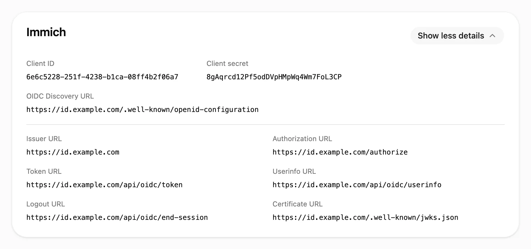 The connection details of the Immich client: client ID, client secret, OIDC discovery URL and the individual endpoint URLs