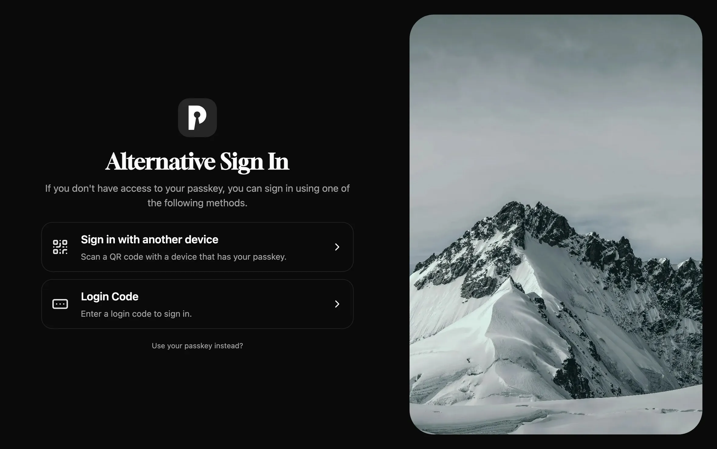 The Alternative Sign In page with the options Sign in with another device and Login Code