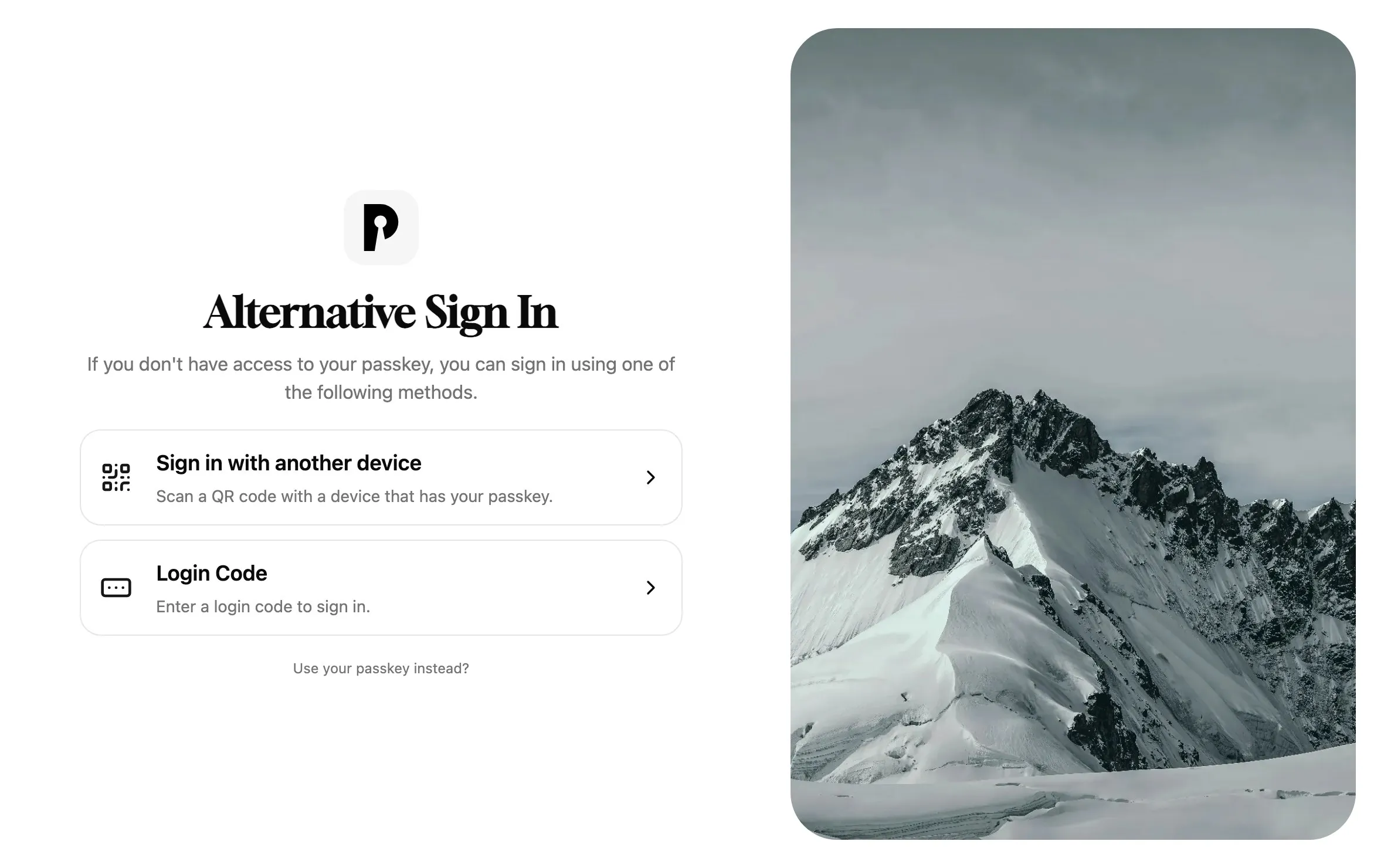 The Alternative Sign In page with the options Sign in with another device and Login Code